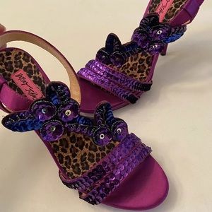 Betsey Johnson sequin heels stilettos strappy purple satin shoes